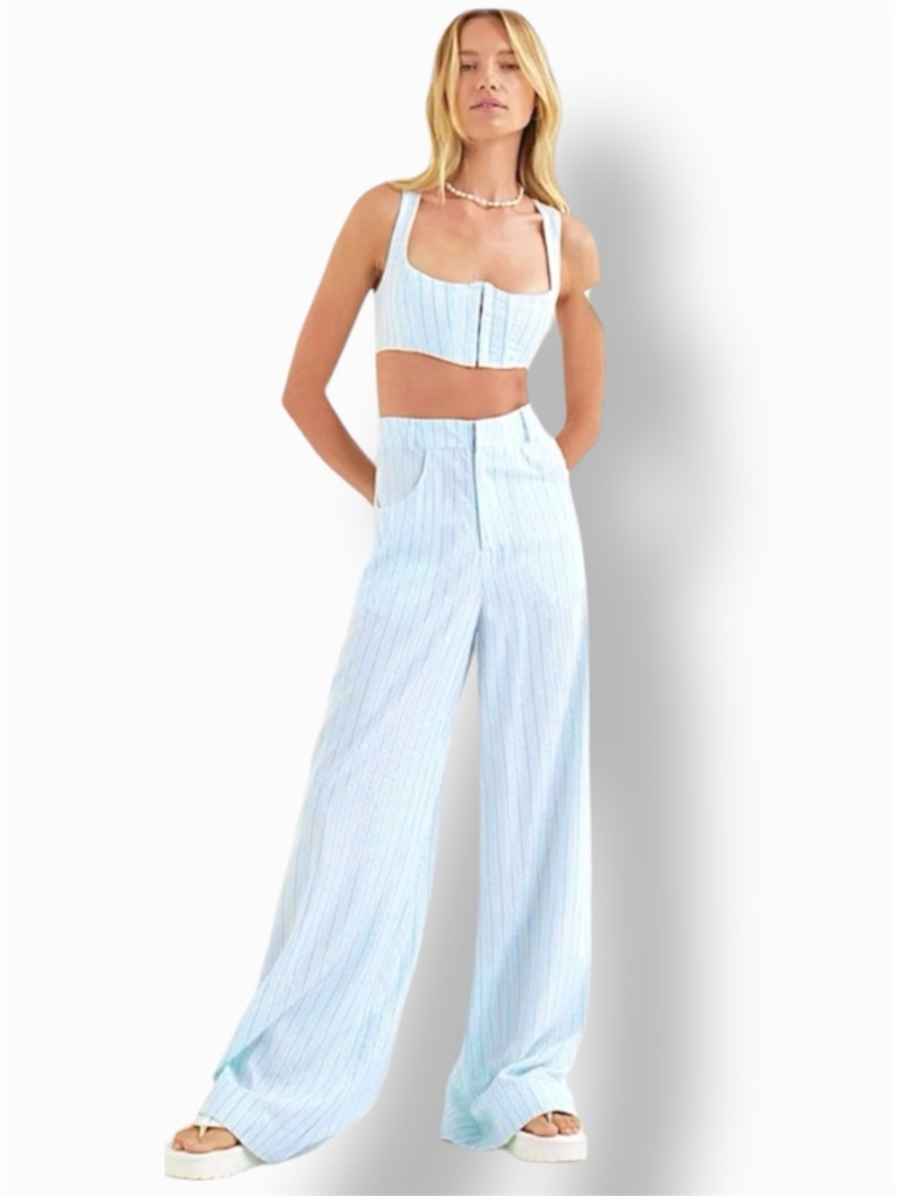 For Love & Lemons Skyer Wide Leg Striped Pant  In Blue & Sparkling Metallic XS